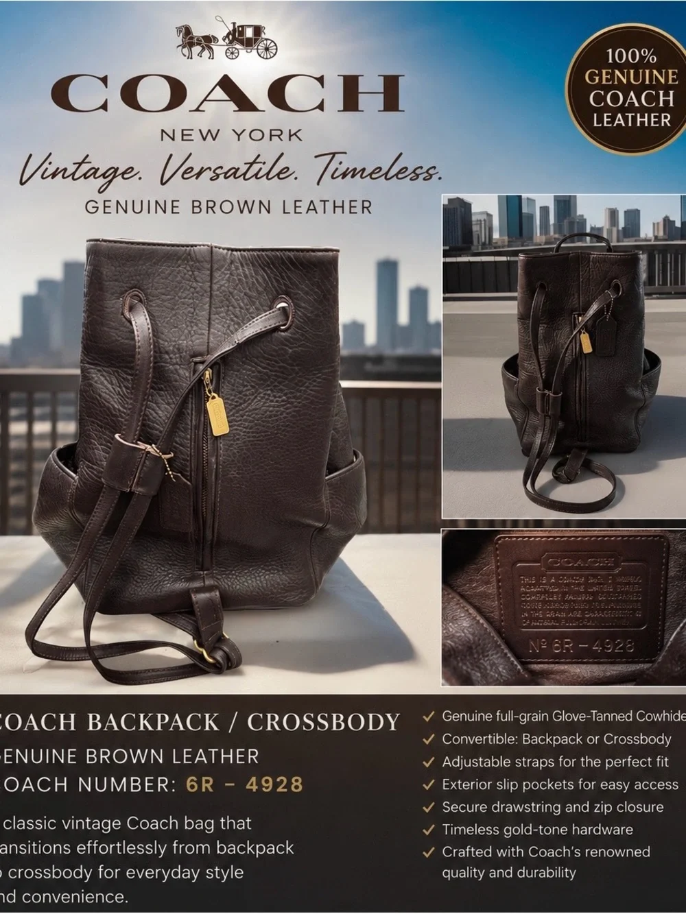 Coach Black Leather Drawstring Backpack with Gold Tag
